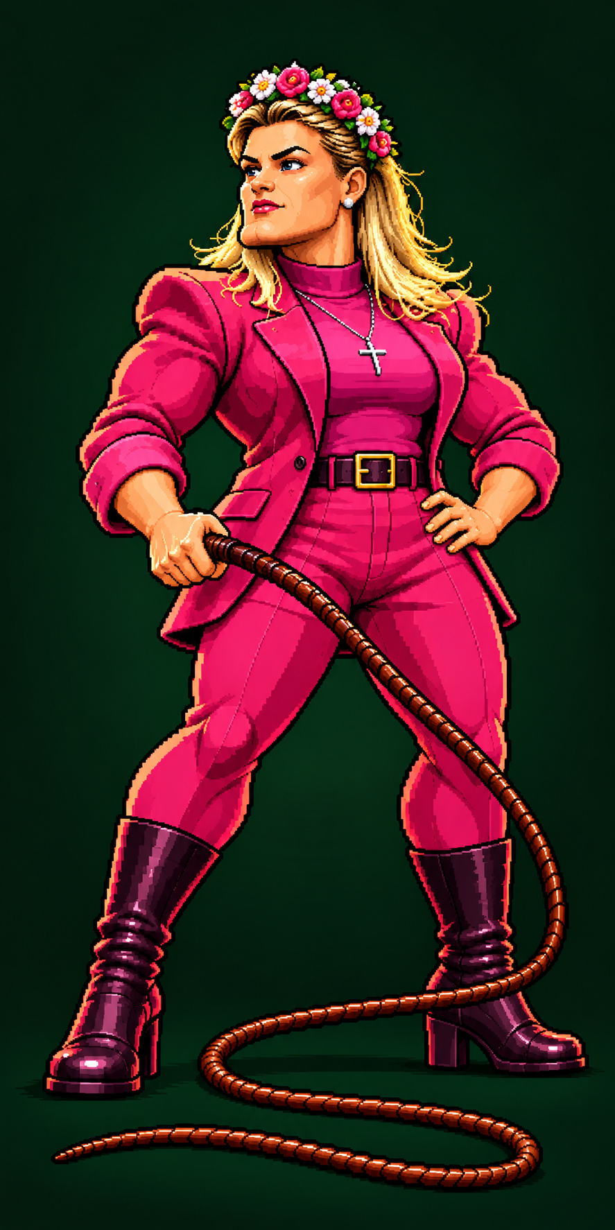 Personagem misteriosa com roupa magenta e um chicote