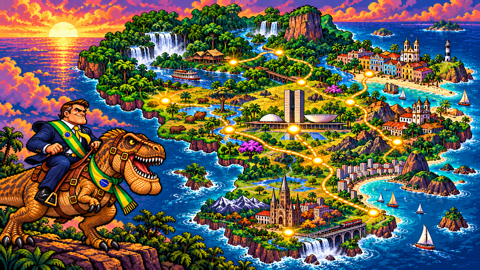 Arte conceitual em pixel art: Flávio e o Patriota Jurássico diante de uma aventura por cidades e paisagens brasileiras